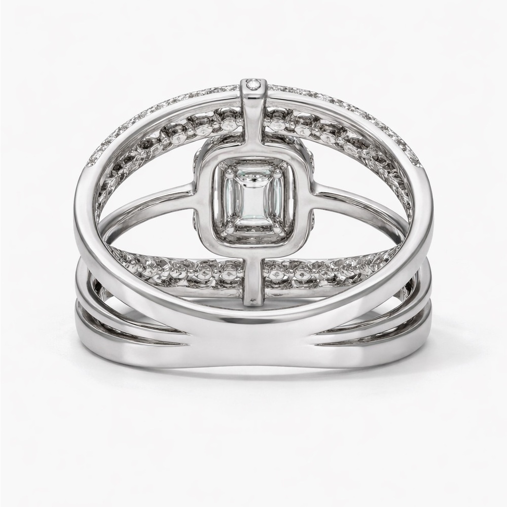 18K White Gold Baguette and Round Diamond Wide Three Row Ring Sz 6 - Picture 4 of 4